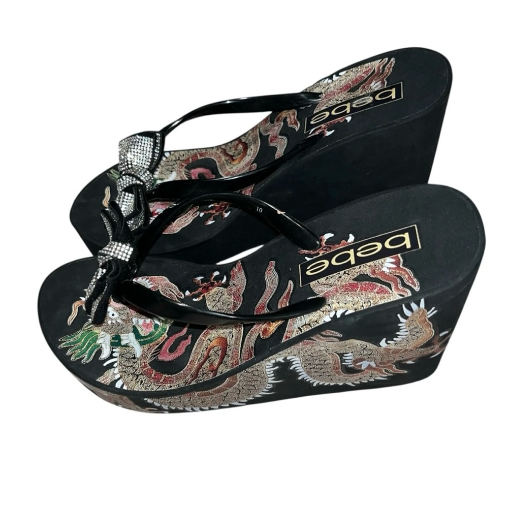 bebe Black Wedges with Dragon Design